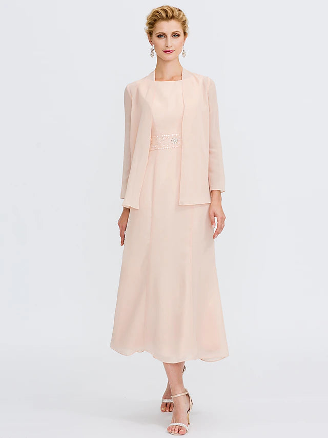 Zweiteiliges Etuikleid/Säulenkleid für die Brautmutter, Übergröße, elegant, Rundhalsausschnitt, knielang, Chiffon, ärmellos, Wickelkleid, inklusive Schärpe/Band, Falten, Perlenbesatz